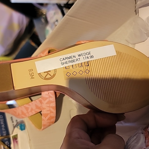 Michael Kors Carmen Logo Faux Leather Wedge Sandal Sherbert - Picture 3 of 5